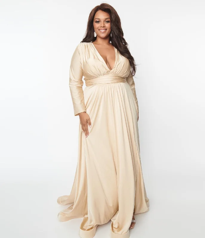 mermaid evening dress-Plus Size Champagne Long Sleeve Sophisticated Goddess Gown