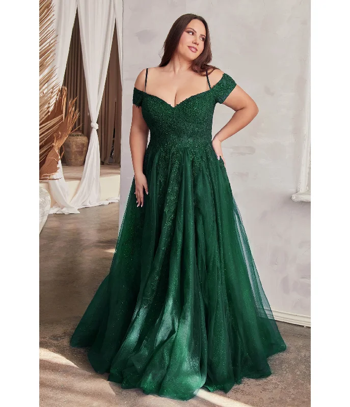 evening gown with sheer overlay-Cinderella Divine Plus Size Emerald Glitter Tulle Off The Shoulder Applique Slit Gown