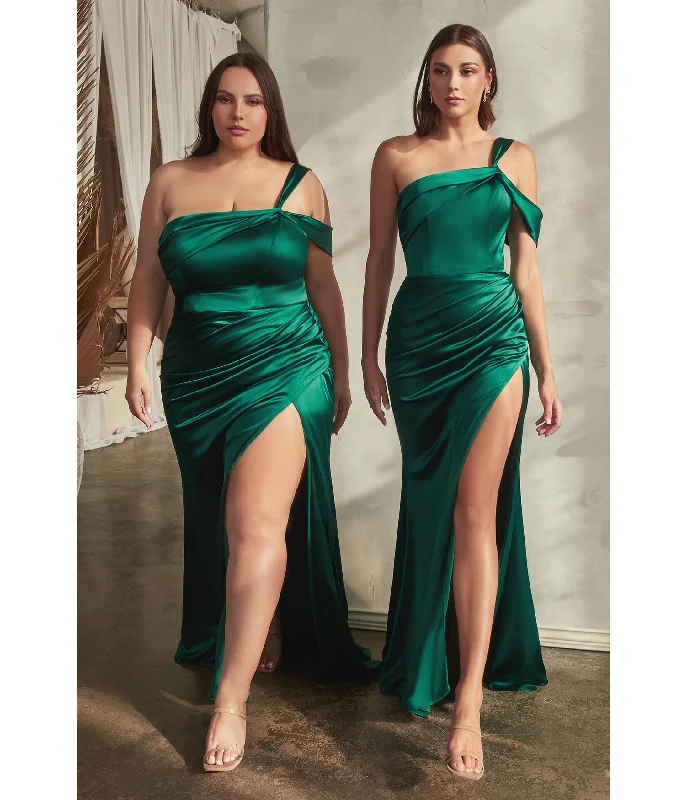 high-low evening dress-Cinderella Divine  Plus Size Emerald Ruched Satin One Shoulder Evening Gown