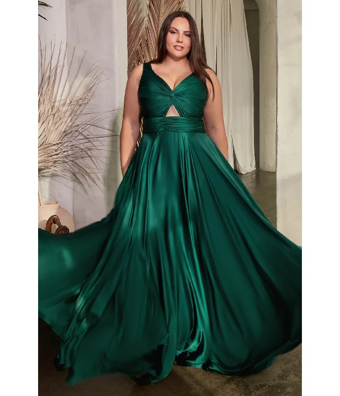 evening dress with high-low hem-Cinderella Divine  Plus Size Hunter Green Satin Ruched Knotted Keyhole Evening Gown