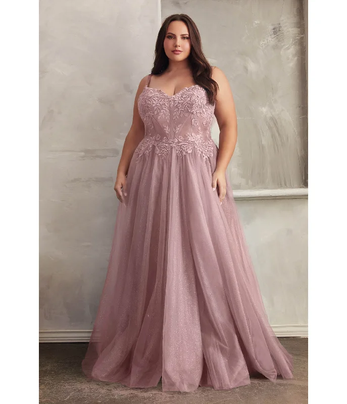 evening dress with side slit-Cinderella Divine  Plus Size Mauve Foliage Applique Corset Tulle Gown