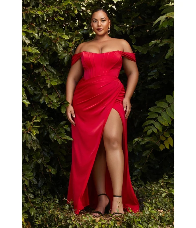 elegant ball gown evening dress-Cinderella Divine  Plus Size Red Divine Satin Corset Off-Shoulder Prom Dress