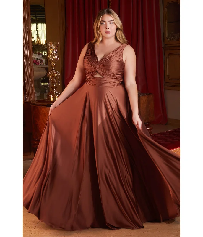 evening dress with keyhole-Cinderella Divine  Plus Size Sienna Satin Ruched Knotted Keyhole Evening Gown