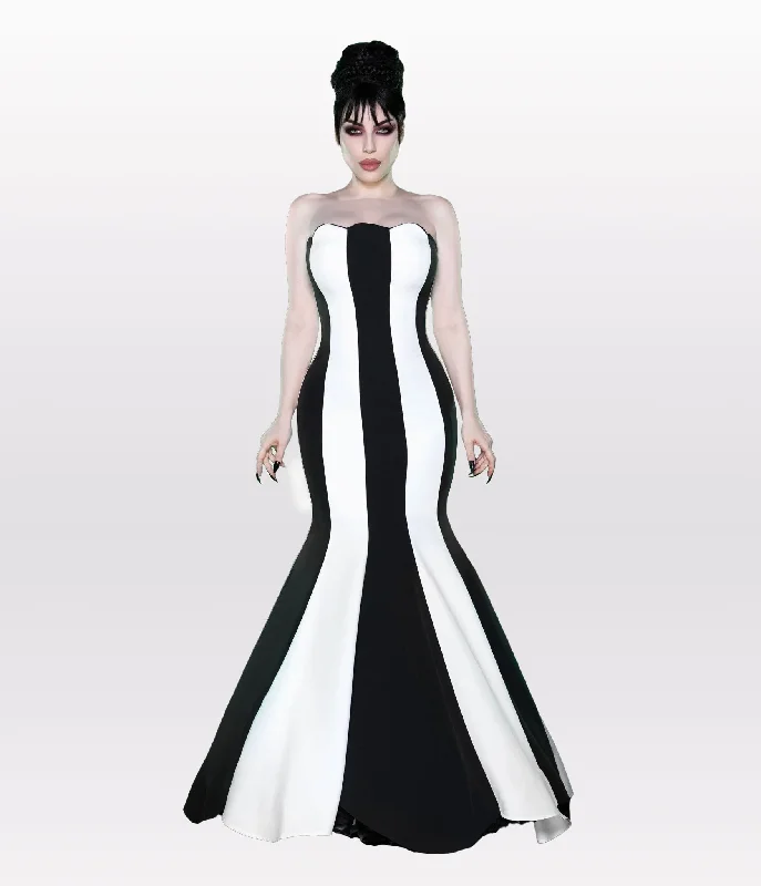 illusion neckline evening dress-Weasel Wear Black & White Striped Sandworm Gown