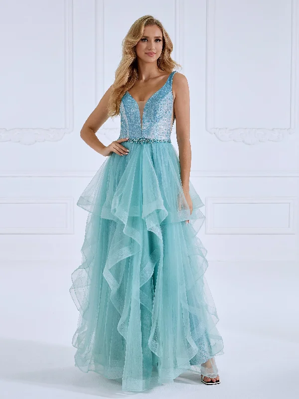 evening dress with mesh overlay-Princess A Line V Neck Floor Length Tulle Prom Dresses #LT025