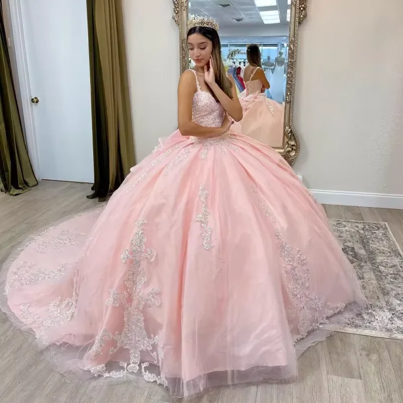 evening dress with sleeves and lace-Princess Pink Ball Gown 15 Year Old Quinceanera Dresses 2025 Spaghetti Straps vestidos de xv años Girls Party Dress