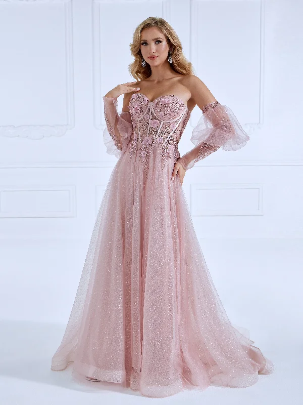 evening dress with side slit-Princess Sweep Train Sequin Lace Tulle Pink Prom Dresses #18149