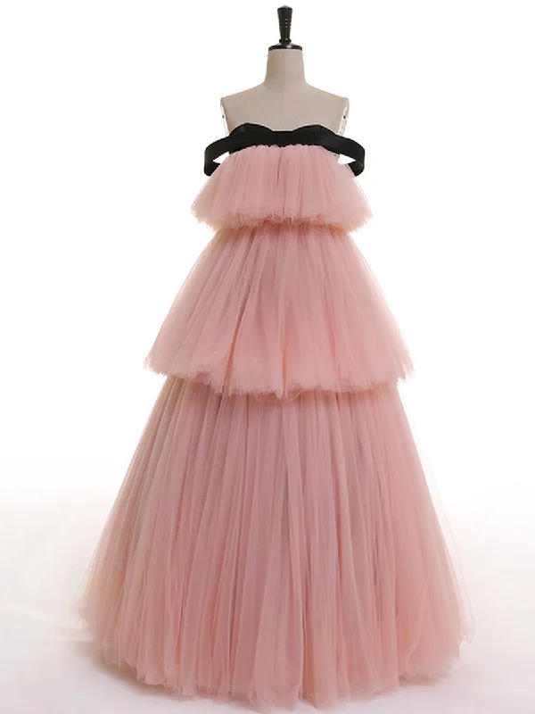 scalloped hem evening dress-Pink Princess Party Dress Tiered A-Line Strapless Maternity Dress