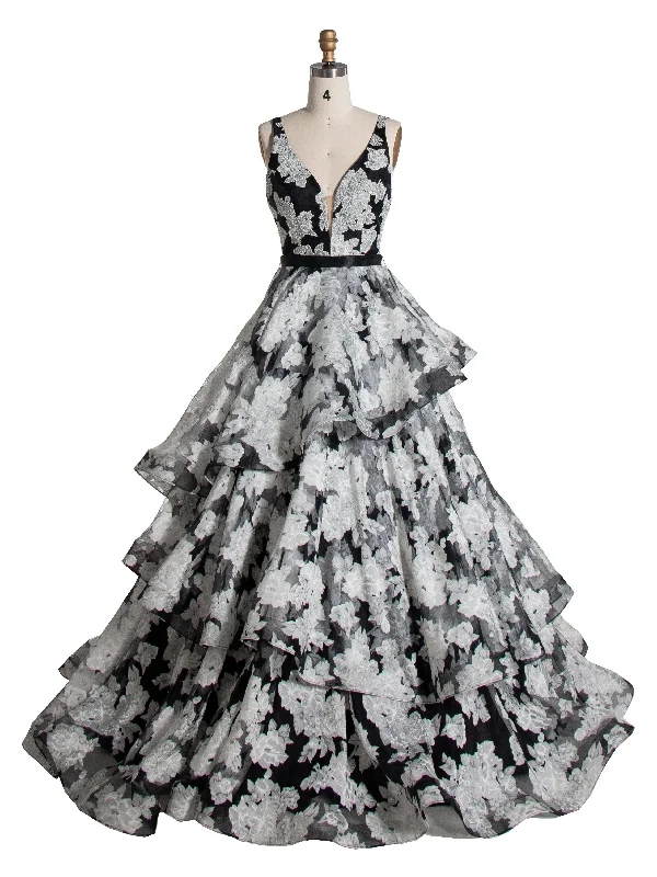 pleated evening gown-Princess V-Neck Floor-Length Black Printed Layered Prom Dresses YE3001