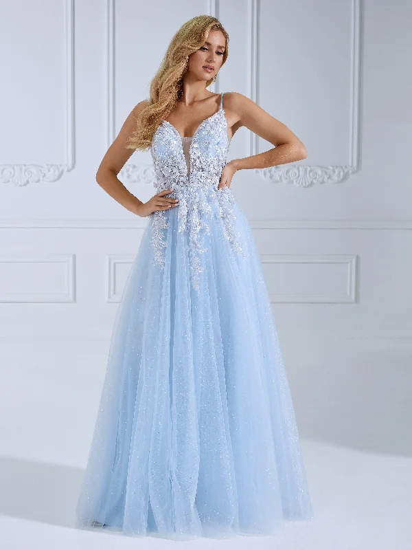 halter neck evening gown-Princess V Neck Floor Length GlittleTulle Prom Dresses With Lace Beads #18905