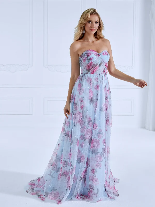 evening dress with side slit-Printed Strapless Elegant Prom Dress Side Slit #18468