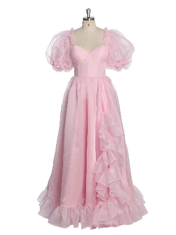 halter neck evening gown-Silk Soft Organza Puff Sleeve Pink Prom Dress Fancy Photo Shoots Dress Lace-Up Back YW231019