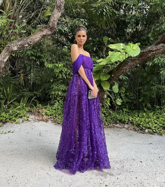 spaghetti strap evening dress-Purple A-Line Off Shoulder Floral Long Prom Dress Party Dress    S5337