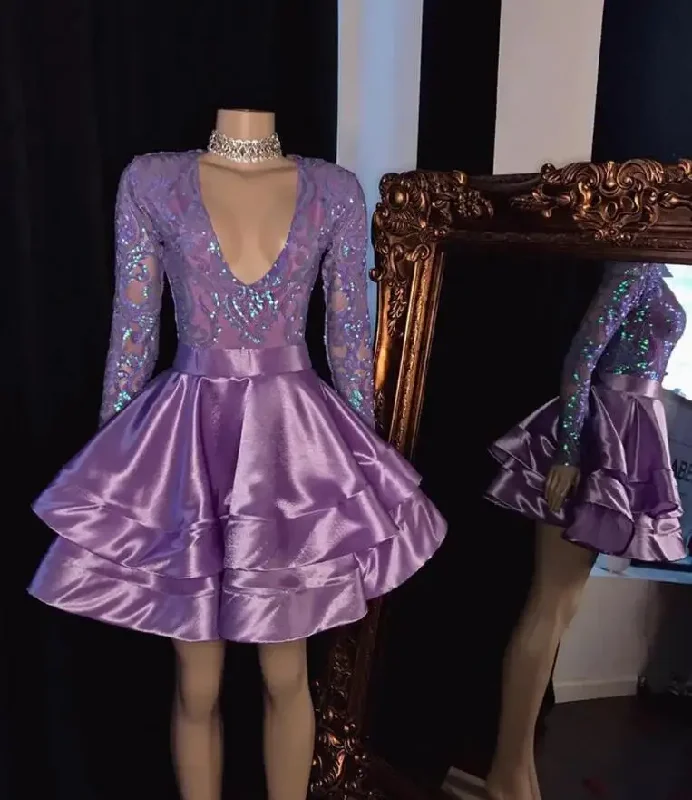 evening dress with sequins-Purple Short Africa Black Girl Prom Dress 2024 Glitter Sequin Top Long Sleeve A-line Mini evening homecoming dress birthday gown