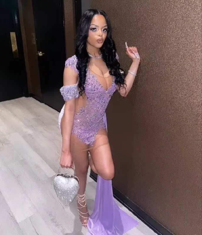 evening dress for prom-Purple Velvet Short Prom Dress for Black Girl Sparkly Diamond Crystal Beaded Sheer Mesh Birthday Homecoming Queen Gown