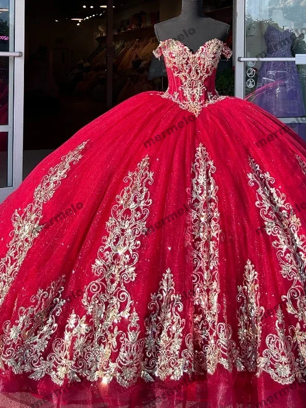 floral print evening dress-Red Ball Gown 15 Year Old Quinceanera Dresses Vestidos De Fiesta Birthday With Gold Appliques