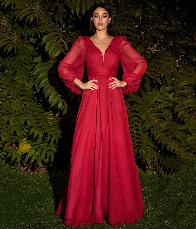 ball gown evening dress-Cinderella Divine  Red Chiffon Sleeve Prom Goddess Gown