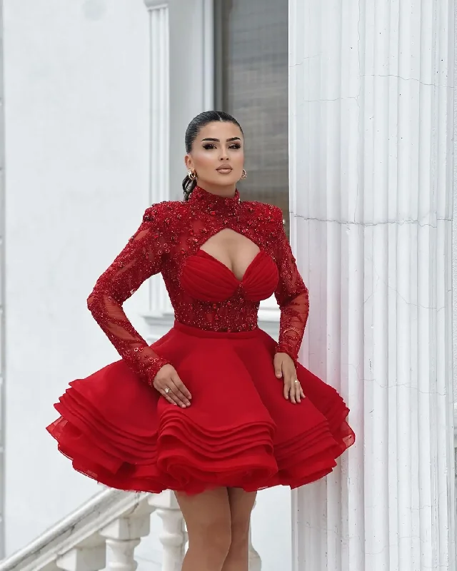 evening dress with embroidery-Red High Neck Full Sleeves Beaded Applique Short Tiered Ruffles Prom Dresses Custom Made Girl Wear