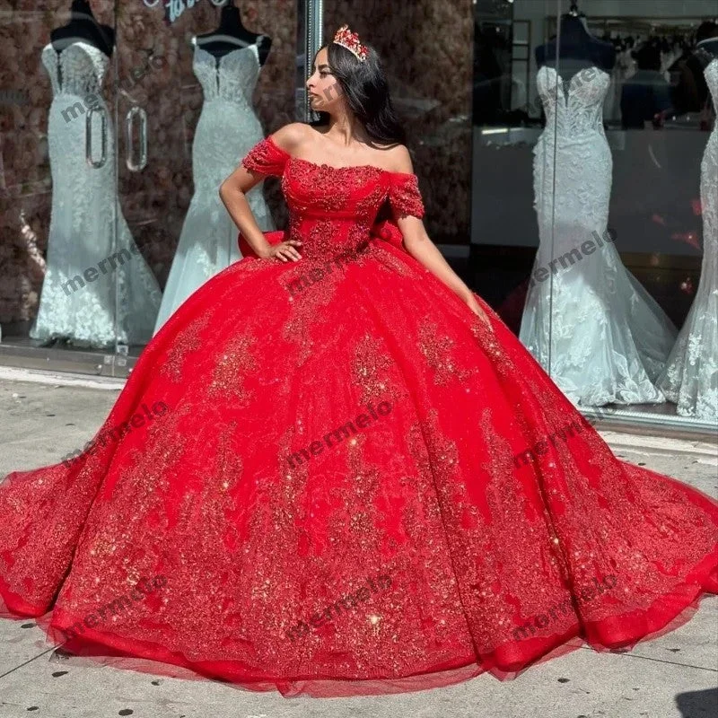 evening dress with crystal embellishments-Red Quinceanera Dresses Ball Gown Shiny Sequined Appliques Sweet 16 Dress