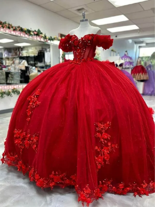 elegant satin evening gown-Red Quinceanera Dresses Beaded Off the Shoulder Sweet 15 16 Prom Party Ball Gown       S5922