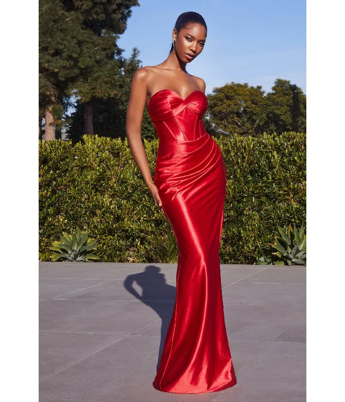 illusion back evening dress-Cinderella Divine  Red Satin Strapless Corset Lace Up Back Evening Gown