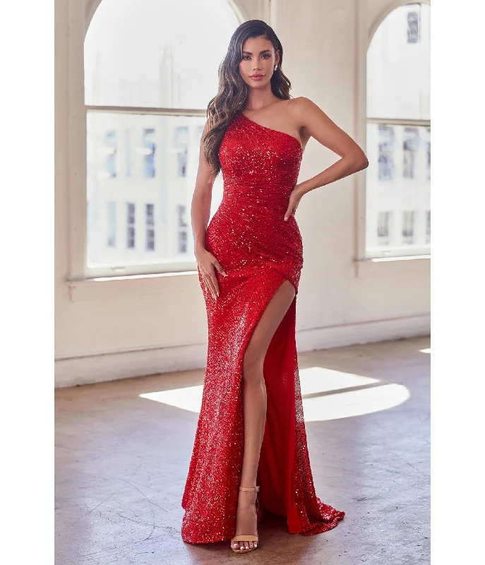 evening dress with crystal embellishments-Cinderella Divine Red Sequin One Shoulder Slit Evening Gown