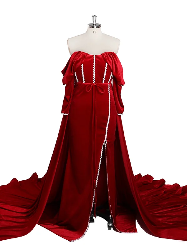 elegant evening dress with train-Long Sleeve Off Shoulder Red Velvet Mermaid Prom Dress Side Slit Photo Shoot Dress YW230747