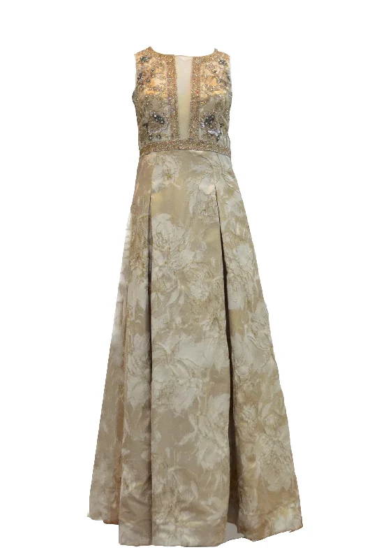 sweetheart neckline evening dress-Rent: Aidan Mattox - Cream Gold Jacquard Beaded Gown