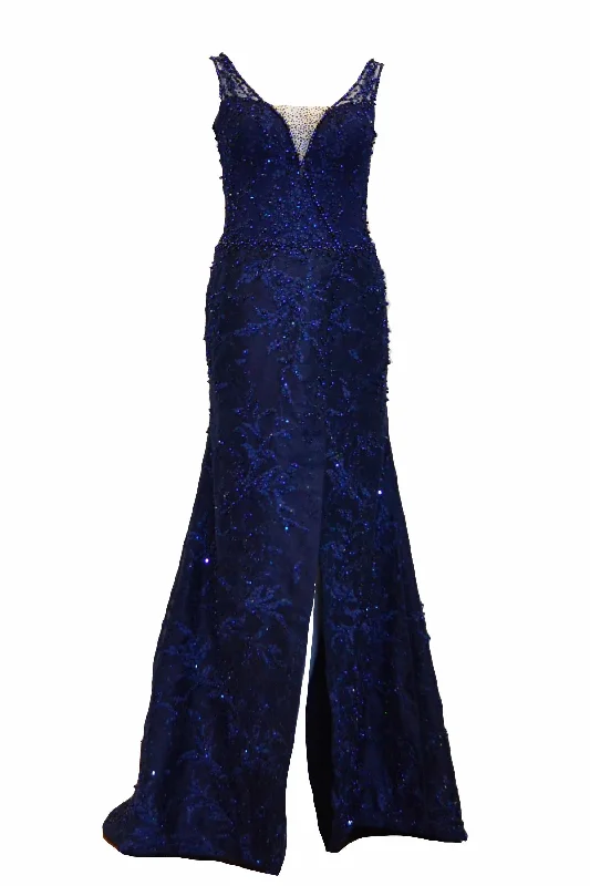 vintage lace evening dress-Rent: Winda Halomoan - Navy Blue Sleeveless V-neck A-Line Gown