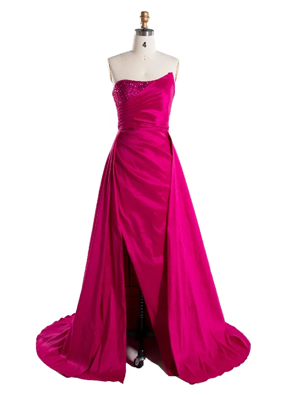 sleeveless evening dress-Rose Pink Mermaid Strapless Sweep Train Satin Prom Dresses YE3006