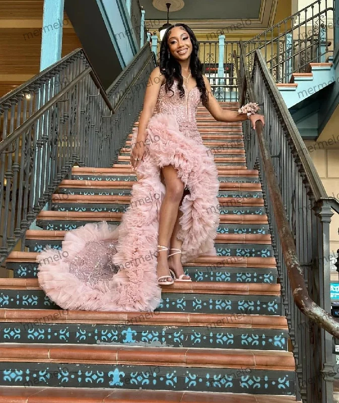 vintage-inspired evening dress-Rose Pink Ruffles Prom Dress For Black Girls Crystals Diamond Rhinestone Beaded High Slit