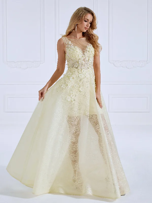 floral print evening dress-Round Neck Floor-Length Tulle Yellow Prom Dresses With Appliques Lace Beads #18629