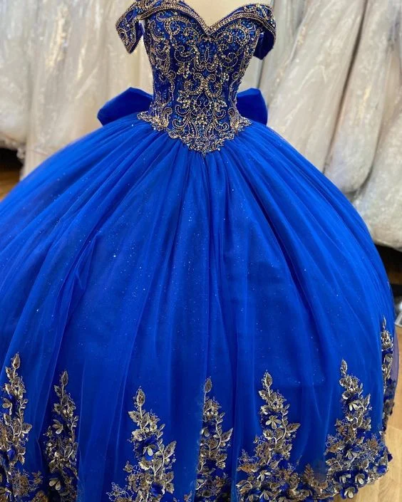 evening dress with bow detail-Royal Blue A-Line Ball Gown Long Prom Dresses, Blue Evening Dresses      S3356