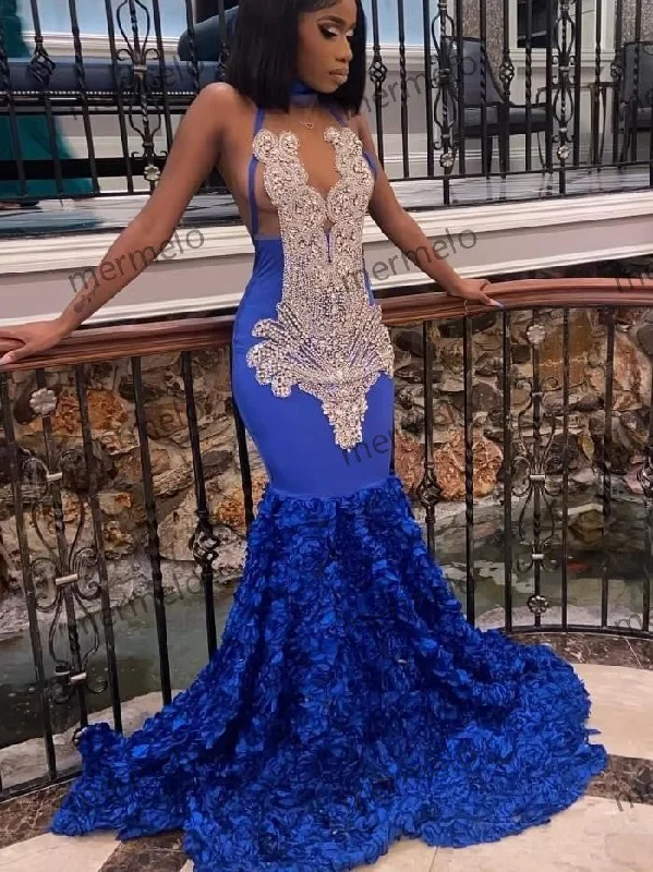 classic black evening dress-Royal Blue Mermaid Prom Dress Flowers Train Silver Diamonds