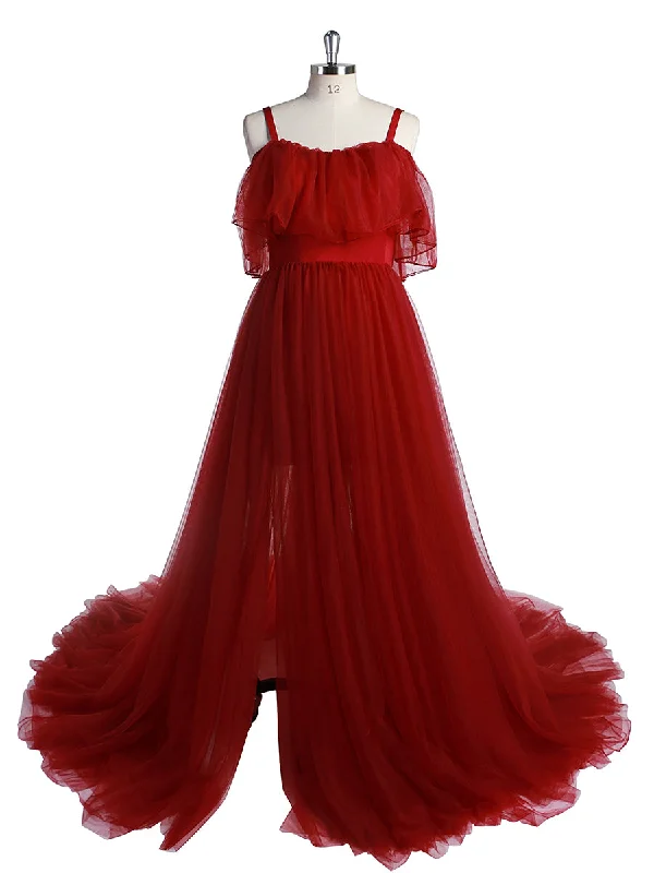 high-low evening dress-Tulle Off Shouder Strech Waist Maternity Gown For Photo shoot Yewen dress