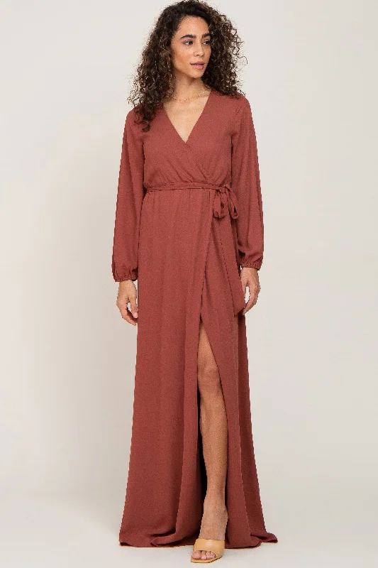 evening dress with feather accents-Rust Wrap Front Chiffon Gown