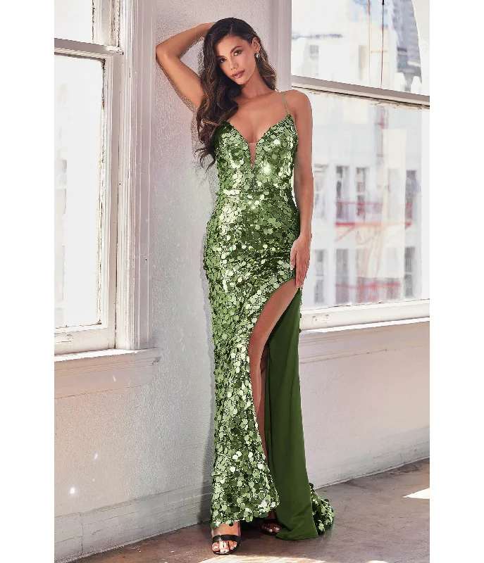 evening dress with lace appliqué-Cinderella Divine  Sage Pailllette Sequin Sheath Evening Gown