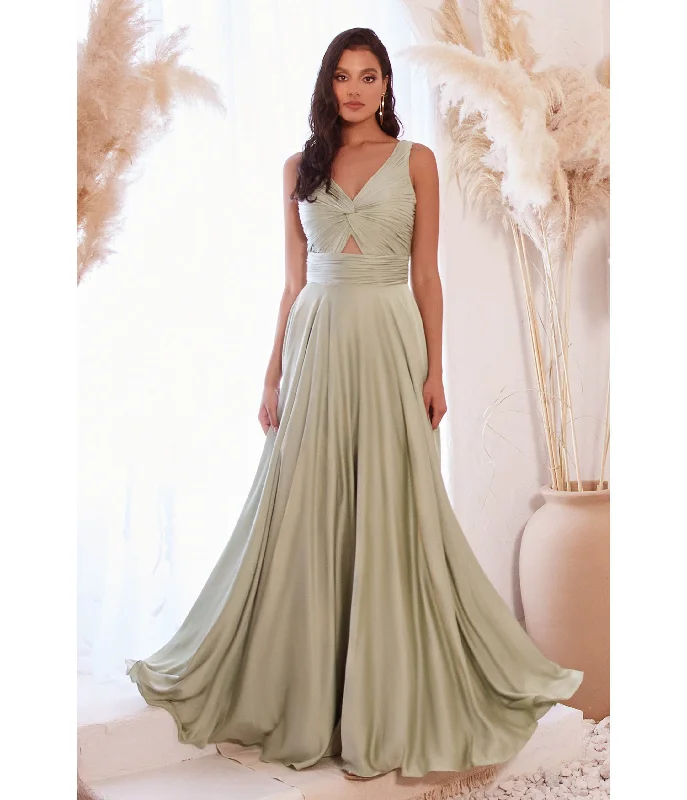 strapless evening dress-Cinderella Divine  Sage Satin Ruched Knotted Keyhole Evening Gown