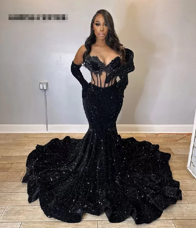 high neck formal evening dress-Sexy Black Sequin See Thru Mermaid Long Prom Dresses With Gloves Halloween Afican Elegant Dress For Wedding Party Evening Gowns