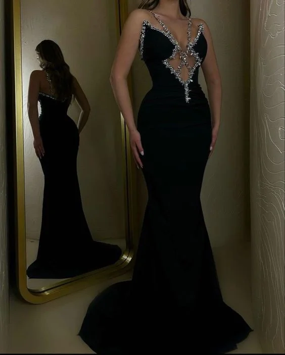 elegant formal black evening dress-Sexy Black Sparkly Spaghetti Straps Mermaid Long Prom Dress      S3791