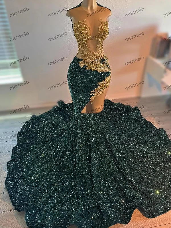 halter neck evening gown-Sexy Emerald Green Sequins Rhinestones Prom Dress For Black Girl