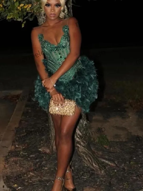 deep V-neck evening dress-Sexy Green Short Prom Dress For Black Girls Beaded Crystal Feathers