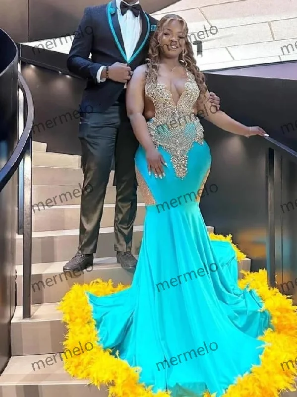 illusion back evening dress-Sexy Green Yellow Feather Prom Dress For Black Girls