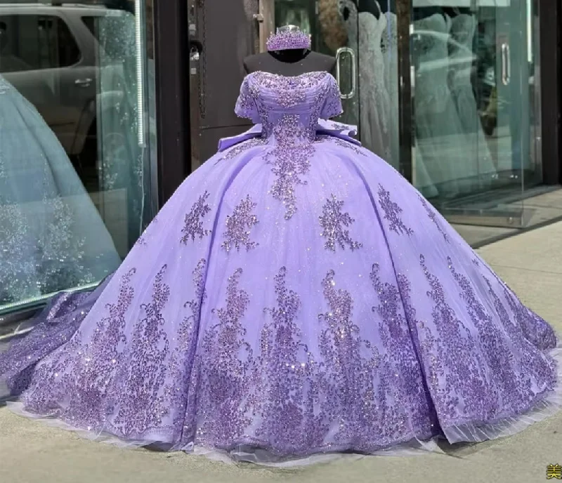 evening dress with blouson top-Shining Purple Quinceanera Dress 2024 Ball Gown With Beads Sequins Applique Birthday Party Sweet 16 Vestidos De 15 Años