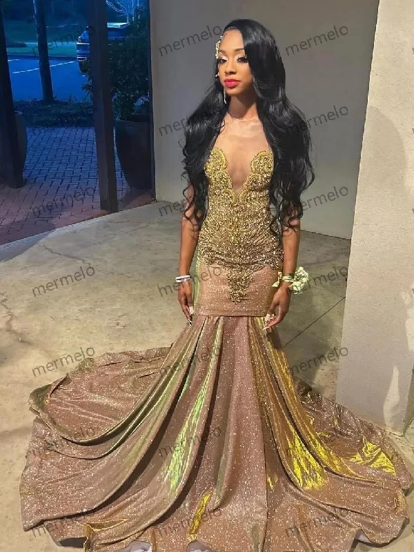 evening dress with mesh overlay-Shiny Gold Sequins Mermaid Prom Dress Beaded Rhinestone For Black Girls