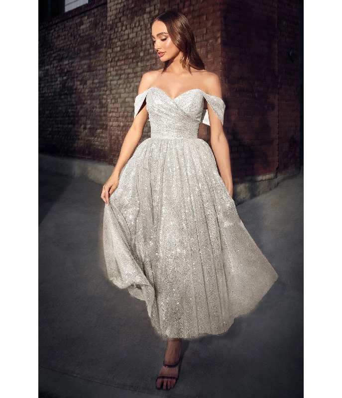 elegant white evening dress-Cinderella Divine Off White Glitter Off The Shoulder Tea Length Gown