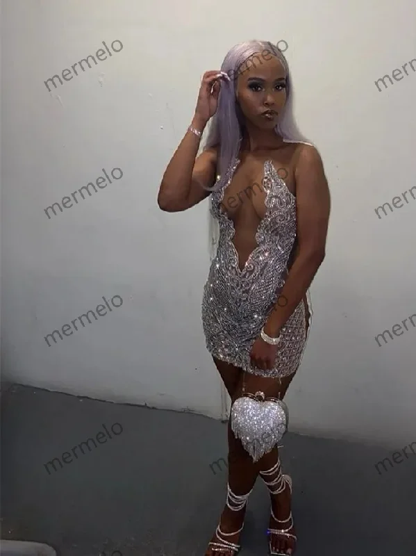 sleeveless tulle evening dress-Silver Short Prom Dresses For Black Girls Beaded Crystal Birthday Party Homecoming Dress