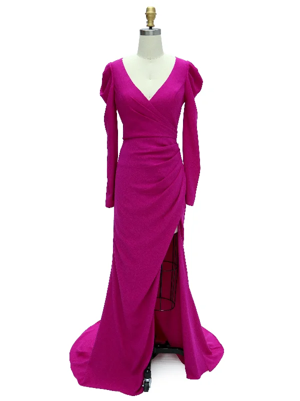 evening dress with lace appliqué-Slim Fit V Neck Magenta Satin Prom Dresses High Split YE2526