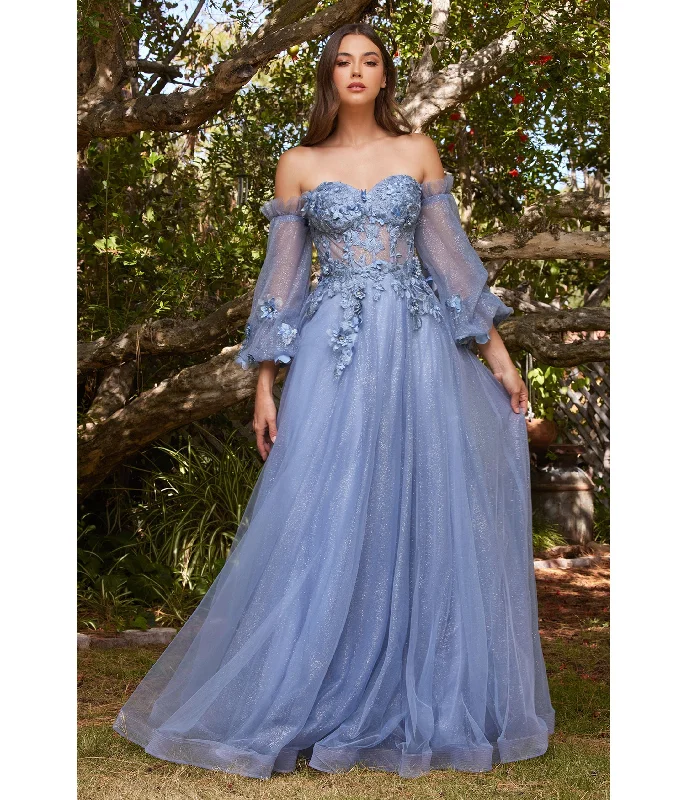 elegant lace overlay evening dress-Cinderella Divine  Smokey Blue Floral Off The Shoulder Fairytale Prom Dress