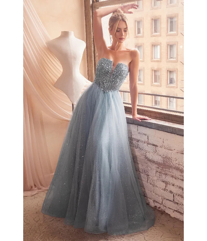 spaghetti strap evening dress-Cinderella Divine Smoky Blue Glitter Bodice & Tulle Prom Ball Gown